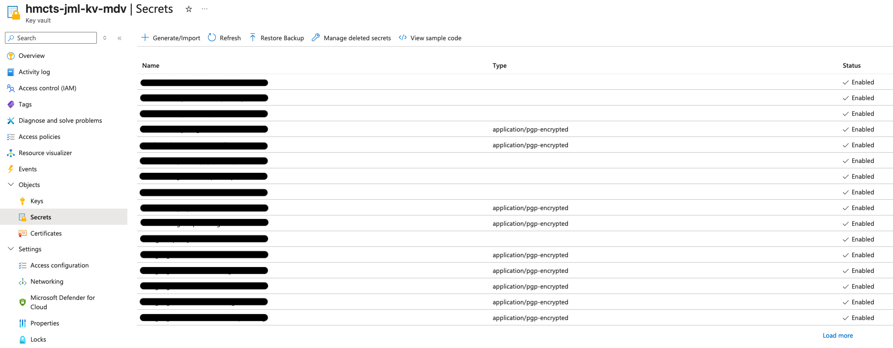 Azure Key Vault secrets list