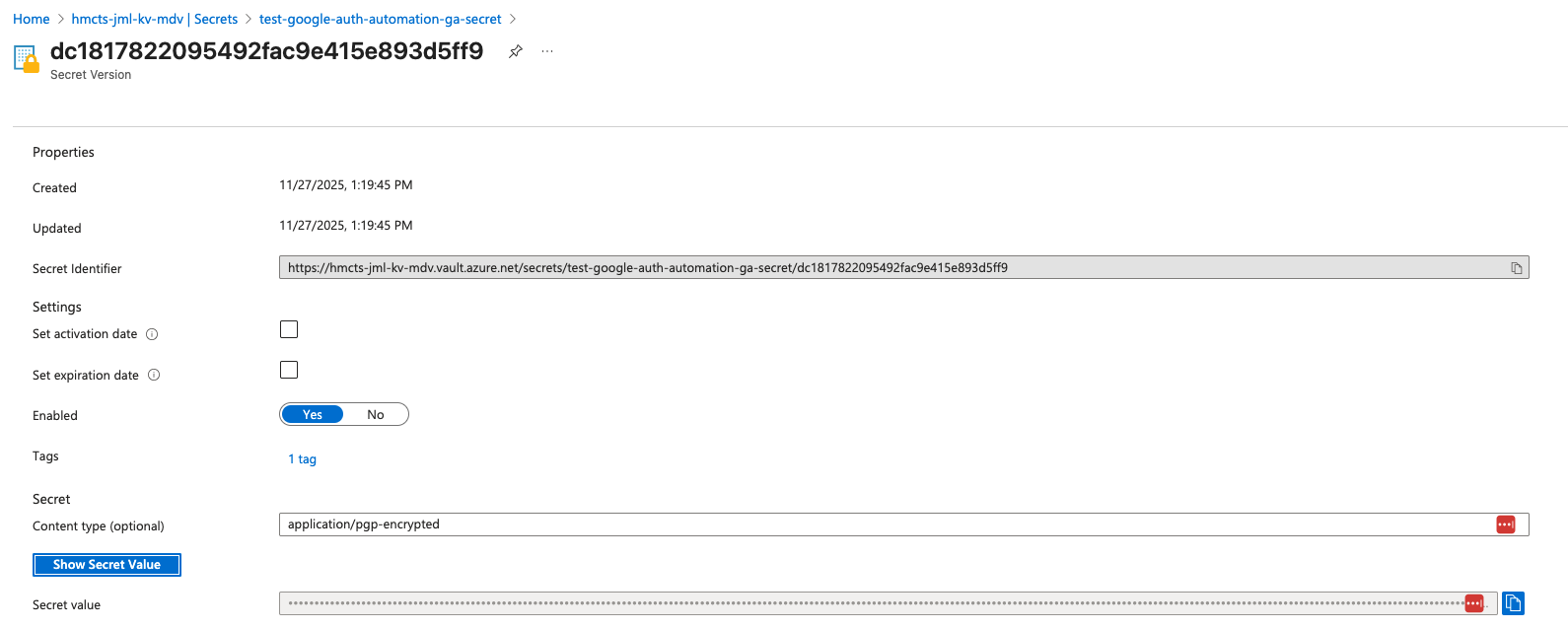 Azure Key Vault secret display